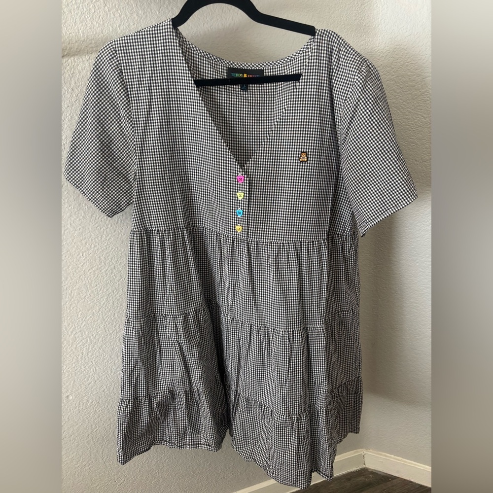 Teddy Fresh Gingham Dress w/ Colorful Bear Buttons